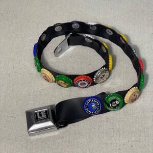 90s Vintage Little Earth Seatbelt Bottle Cap Belt Size 34” Rubber Adjustable